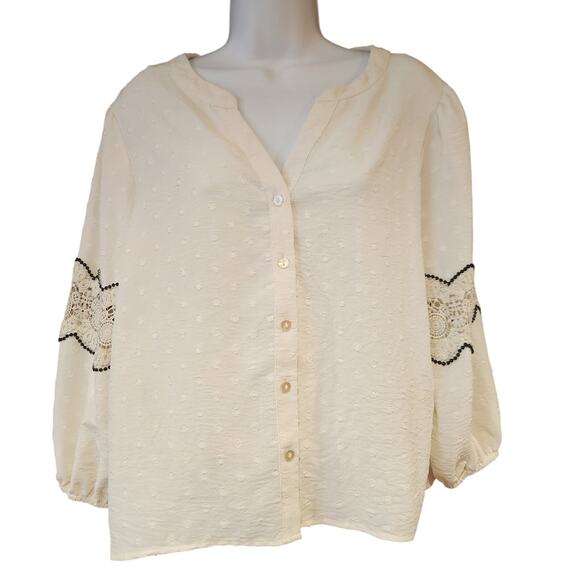 Adrienne Vittadini Ivory Blouse With Bell Sleeves Crochet Elbows Button Up Sz M - Picture 1 of 5